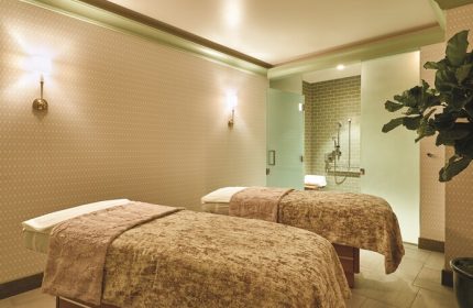 NoMad Las Vegas gay-friendly hotel spa. Two massage beds with brown covers, a shower room with green tiles, and a potted plant. Relaxing!
