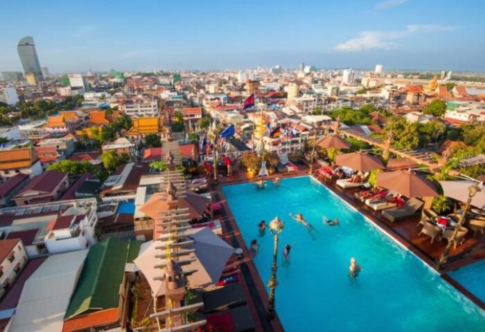 Okay Boutique Hotel's rooftop pool with city view. Gay-friendly hotel in Phnom Penh, Cambodia. Ideal for gay men travel advice.