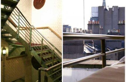 Oliver St. John Gogarty's Hostel: Interior stairs and rooftop view. A gay-friendly hotel with unique architectural details. Dublin travel.