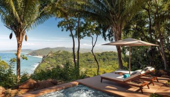One&Only Mandarina gay-friendly hotel view. Ocean view from luxury suite's private plunge pool and lounge chairs. Tropical gay travel.
