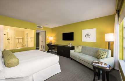 Opus Hotel room. Gay-friendly hotel with a bed, sofa, desk, and a bathroom with a glass wall. Modern design with yellow walls.