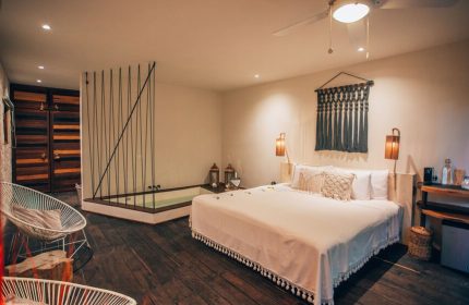 Orchid Beach House Adults Only gay-friendly hotel room. Jacuzzi tub, king bed, and modern decor. Ideal for gay travel and relaxation.