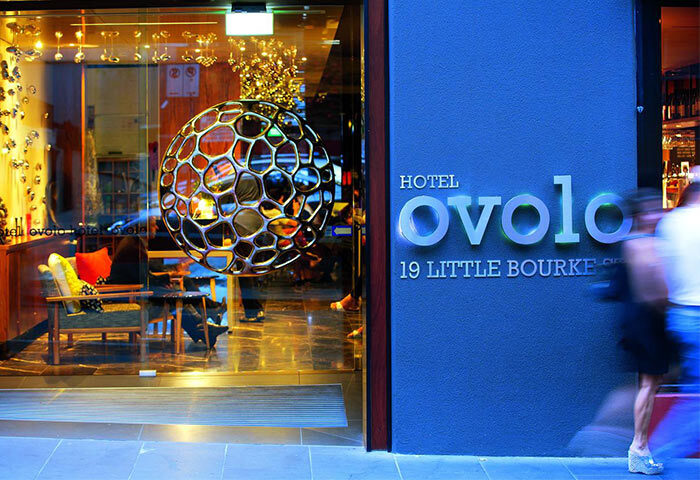 Ovolo Laneways Hotel entrance, a pet-friendly and gay-friendly hotel. Modern design, Melbourne. Great for gay travel.