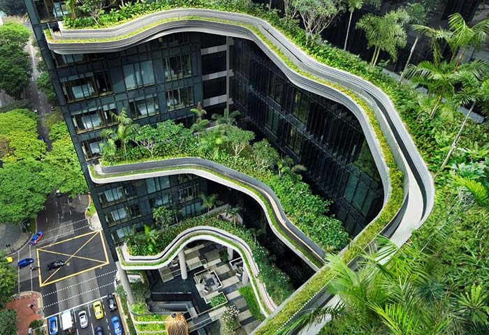 PARKROYAL COLLECTION Pickering, Singapore: Gay-friendly hotel with lush greenery. Unique architecture, gardens, and sustainable design. Top view.