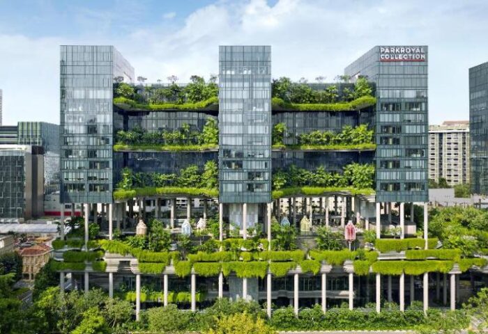PARKROYAL COLLECTION Pickering Singapore, a gay-friendly hotel. Its architecture is modern, with greenery integrated into the design.