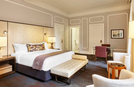 Palace Hotel, a Luxury Collection Hotel, San Francisco guest room. Gay-friendly hotel with bed, seating area, and bathroom. Luxury travel.