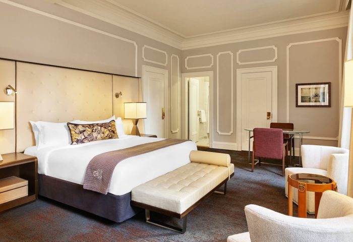 Palace Hotel, a Luxury Collection Hotel, San Francisco guest room. Gay-friendly hotel with bed, seating area, and bathroom. Luxury travel.