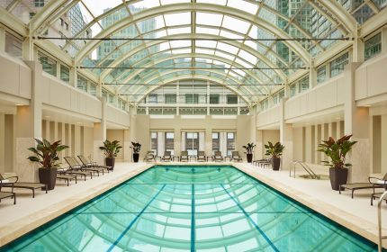 Indoor pool at the gay-friendly Palace Hotel, a Luxury Collection Hotel, San Francisco. Glass roof, lounge chairs, plants.