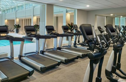 Gym at the gay-friendly Palace Hotel, a Luxury Collection Hotel, San Francisco. Treadmills and elliptical machines with pool view.