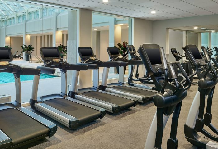 Gym at the gay-friendly Palace Hotel, a Luxury Collection Hotel, San Francisco. Treadmills and elliptical machines with pool view.