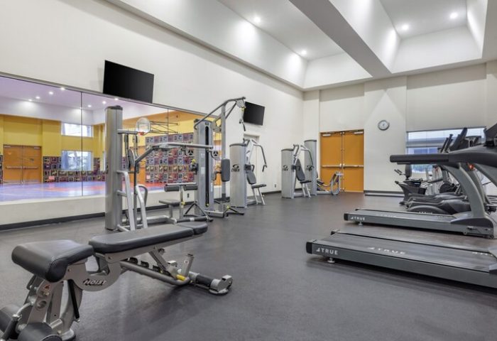Hilton Vacation Club Palm Canyon Resort gym in Palm Springs. Gay-friendly hotel with treadmills, weight machines, and mirrored wall.