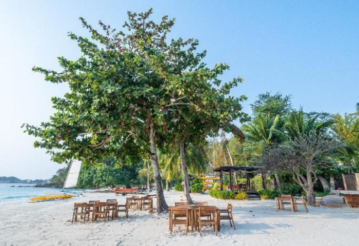 Beachfront dining at Paradee Resort, a gay-friendly hotel. Tables and chairs on the sand under trees offer a relaxing atmosphere.