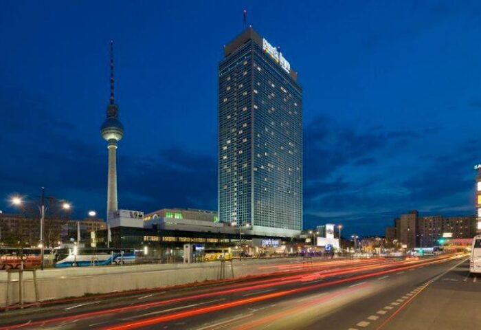 Park Inn by Radisson Berlin Alexanderplatz at night. Gay-friendly hotel near Berlin TV Tower, a landmark for gay travelers in Berlin.
