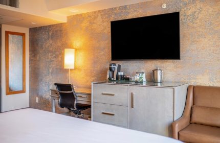 Parker Hotel Vancouver guest room. Desk, chair, TV, and coffee maker. Gay-friendly hotel with modern amenities for comfortable travel.