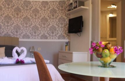 Pasion Tropical Gay Only Resort room. Swans on bed, fruit bowl, TV. Gay-friendly hotel for men, tropical getaway, romantic, relaxing vacation.