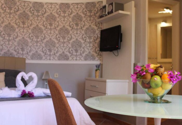 Pasion Tropical Gay Only Resort room. Swans on bed, fruit bowl, TV. Gay-friendly hotel for men, tropical getaway, romantic, relaxing vacation.