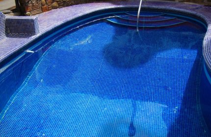 Blue tiled pool at Gay-Friendly Petit Hotel Pilitas. Steps lead into the water. Relaxing gay travel destination.