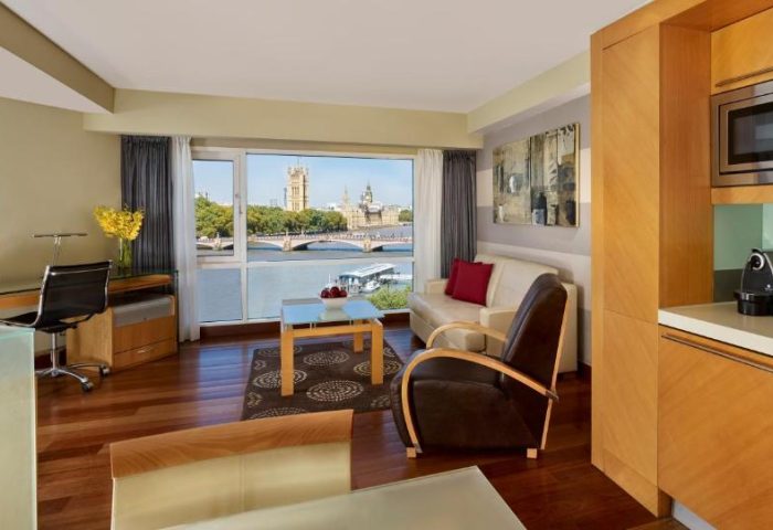Park Plaza London Riverbank gay-friendly hotel room with a view of the River Thames and Houses of Parliament. Pet-friendly hotel.