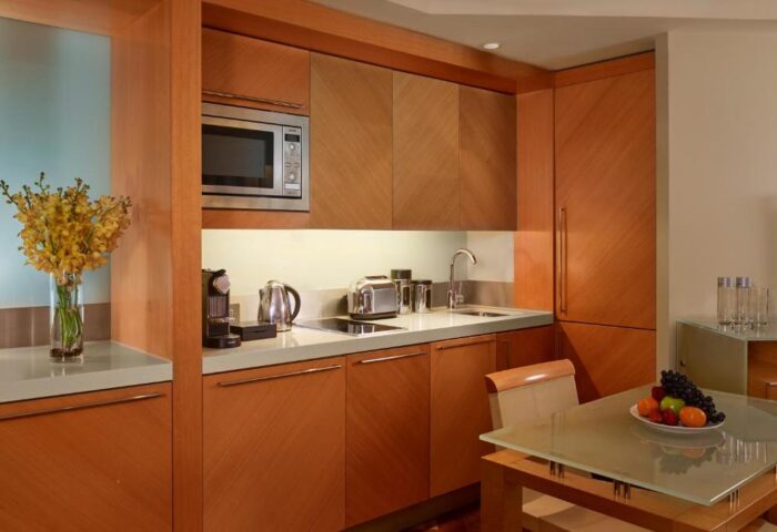 Park Plaza London Riverbank's kitchenette. This gay-friendly hotel offers pet-friendly Plaza on the River Club & Residence suites.