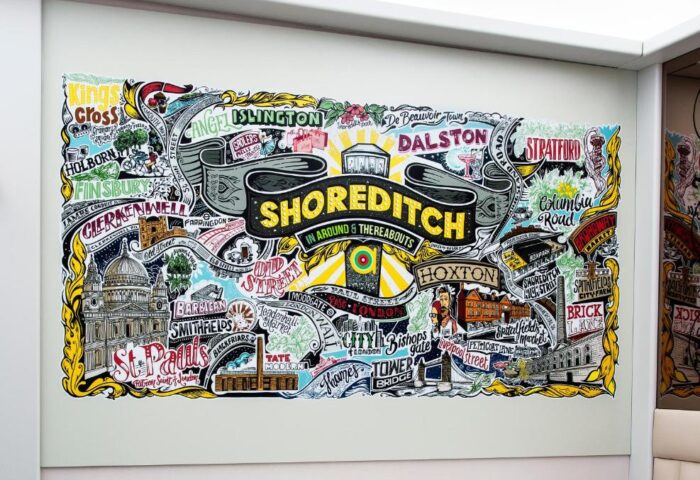 Point A Hotel London Shoreditch: Colorful map art. Shoreditch, Hoxton, Dalston, Stratford, Islington, Kings Cross, St. Pauls, Brick Lane.
