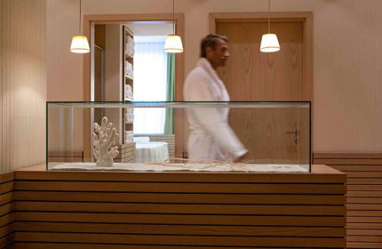 Pullman Berlin Schweizerhof Hotel spa. Man in robe. Gay-friendly hotel with modern design. Relaxing travel for gay men in Berlin.