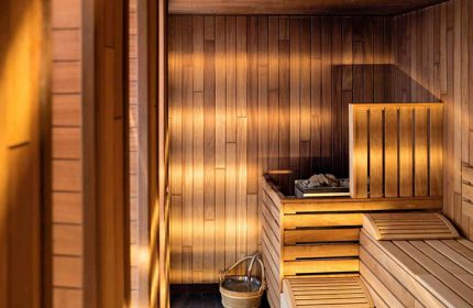 Sauna at the Gay-Friendly Pullman Berlin Schweizerhof Hotel. Wooden benches, walls, and bucket. Relaxing spa experience for gay travelers.