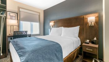 Quality Inn Centre-Ville gay-friendly hotel room. Queen bed with blue cover, desk, and nightstand. Comfortable stay for gay travelers.