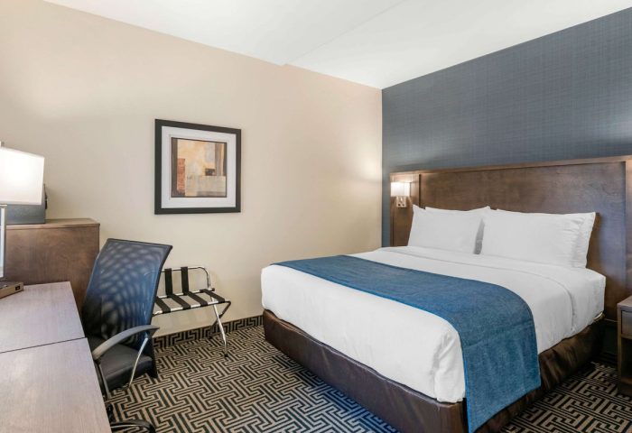 Quality Inn Centre-Ville gay-friendly hotel room. Bed with blue runner, desk, chair, and patterned carpet. Comfortable stay for gay travelers.