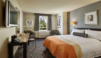 Hotel room at Ramada Plaza by Wyndham West Hollywood Hotel & Suites. Gay-friendly hotel with a comfortable bed, TV, desk, and seating area.