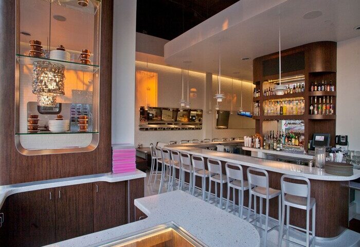 Ramada Plaza by Wyndham West Hollywood Hotel & Suites bar area. Gay-friendly hotel with a full bar and modern design. West Hollywood travel.