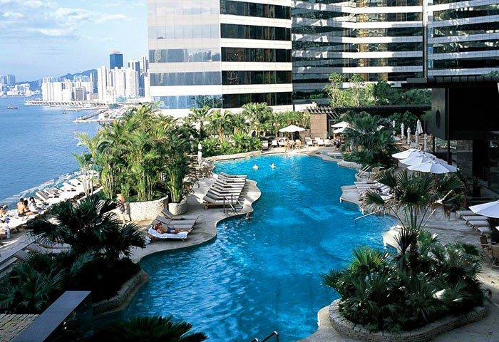 Renaissance Hong Kong Harbour View Hotel pool. Gay-friendly hotel with stunning city views and poolside relaxation for gay travelers.