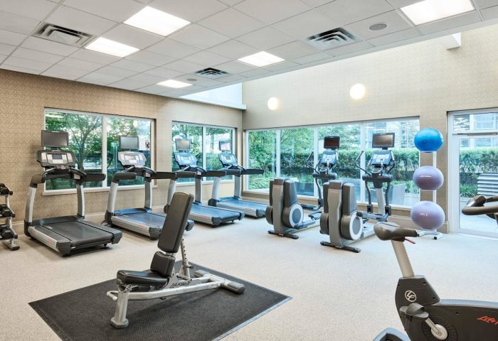 Residence Inn by Marriott Vancouver Downtown gym. Gay-friendly hotel fitness center with treadmills, weights, and exercise equipment.
