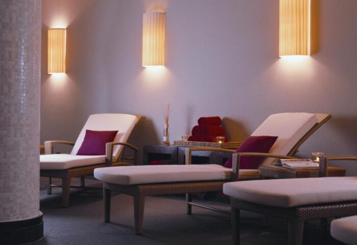 Rocco Forte The Charles Hotel spa. Lounge chairs, soft lighting. Gay-friendly hotel in Munich, Germany, for gay men's travel. Relaxing getaway.