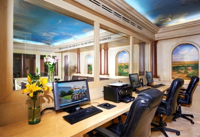 Hotel Royal Reforma business center. Gay-friendly hotel with computers, printer, and office chairs. Sky mural on the ceiling. Zona 2 location.