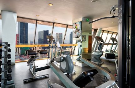 Hotel Royal Reforma's gym, a gay-friendly Zona fitness center. Exercise equipment and city views. Ideal for gay men's travel in Mexico City.