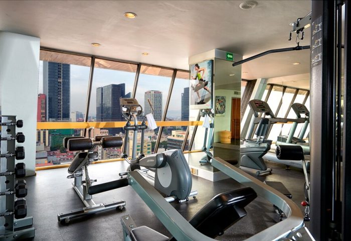 Hotel Royal Reforma's gym, a gay-friendly Zona fitness center. Exercise equipment and city views. Ideal for gay men's travel in Mexico City.