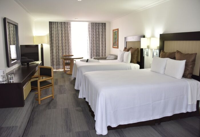 Hotel Royal Reforma: Gay-friendly hotel room with two beds, desk, and TV. Comfortable accommodations for gay travelers in Zona 8.