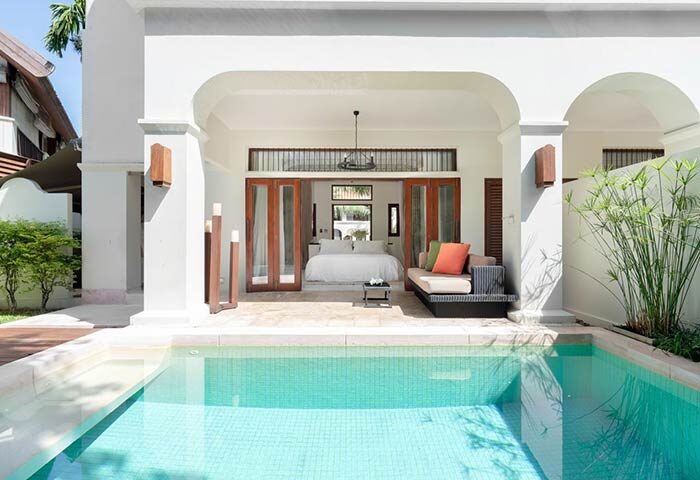 SALA Samui Choengmon Beach gay-friendly hotel room with private pool. Luxury villa at Thailand resort. Bedroom view with daybed.