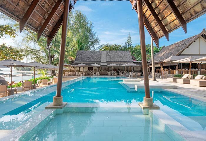 SALA Samui Choengmon Beach gay-friendly hotel pool view. Tropical resort with turquoise water, beach access, and restaurant for gay travelers.