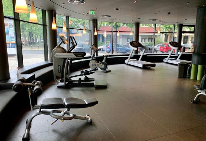 SANA Berlin Hotel's gym. Pet-friendly, gay-friendly hotel with fitness equipment: treadmills, stationary bikes, weights. Great for gay travelers.