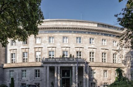 SO/ Berlin Das Stue facade. This gay-friendly, pet-friendly hotel in Berlin features unique architecture and upscale accommodations.