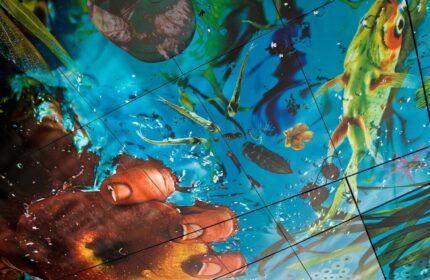 SO/ Vienna gay-friendly hotel ceiling art. Fish, plants, and water create a vibrant, abstract aquatic scene. Modern design element.