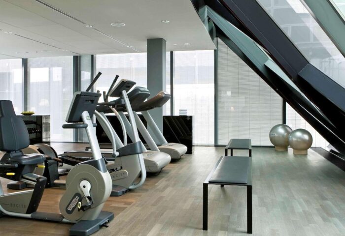 SO/ Vienna gay-friendly hotel gym. Exercise bikes, treadmills, benches, and silver exercise balls. Modern design with large windows.