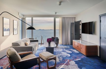 Sable at Navy Pier Chicago, Curio Collection by Hilton guest room. Lake view, modern design. Gay-friendly hotel. Chicago travel.