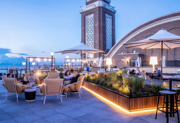 Rooftop lounge at Gay-Friendly Sable at Navy Pier Chicago, Curio Collection by Hilton. Outdoor seating, tower view. Chicago travel advice.