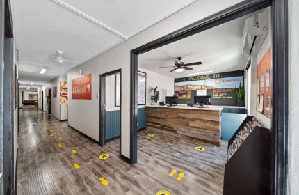 Samesun Hollywood lobby. Gay-friendly hotel (formerly Walk of Fame Hostel) interior. Check-in area with social distancing markers.