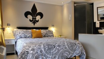 Samesun Montreal Central gay-friendly hotel room. King bed with paisley duvet, fleur-de-lis wall decor, and ensuite bathroom. Modern, clean design.