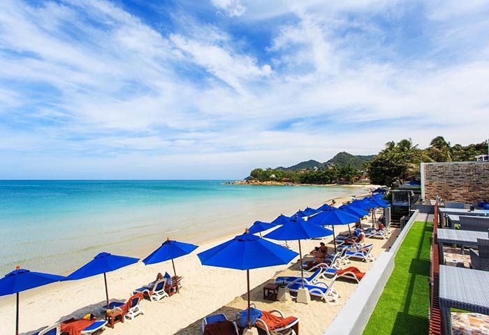Beach view at Samui Resotel, a gay-friendly hotel in Samui. Blue umbrellas and lounge chairs line the sandy beach. Ocean view.