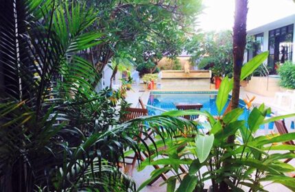 Sansuk Sauna Guesthouse pool view. Gay-friendly hotel featuring lush greenery, pool, lounge chairs, and a relaxing atmosphere. Sauna for gay men.