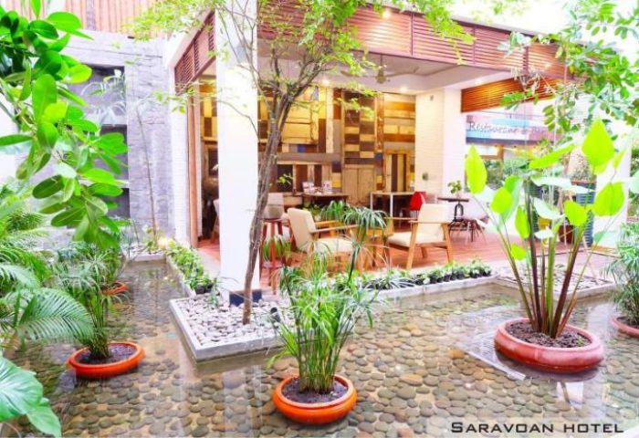 Saravoan Royal Palace's gay-friendly hotel features a tranquil courtyard with water features, lush plants, and a stylish restaurant.